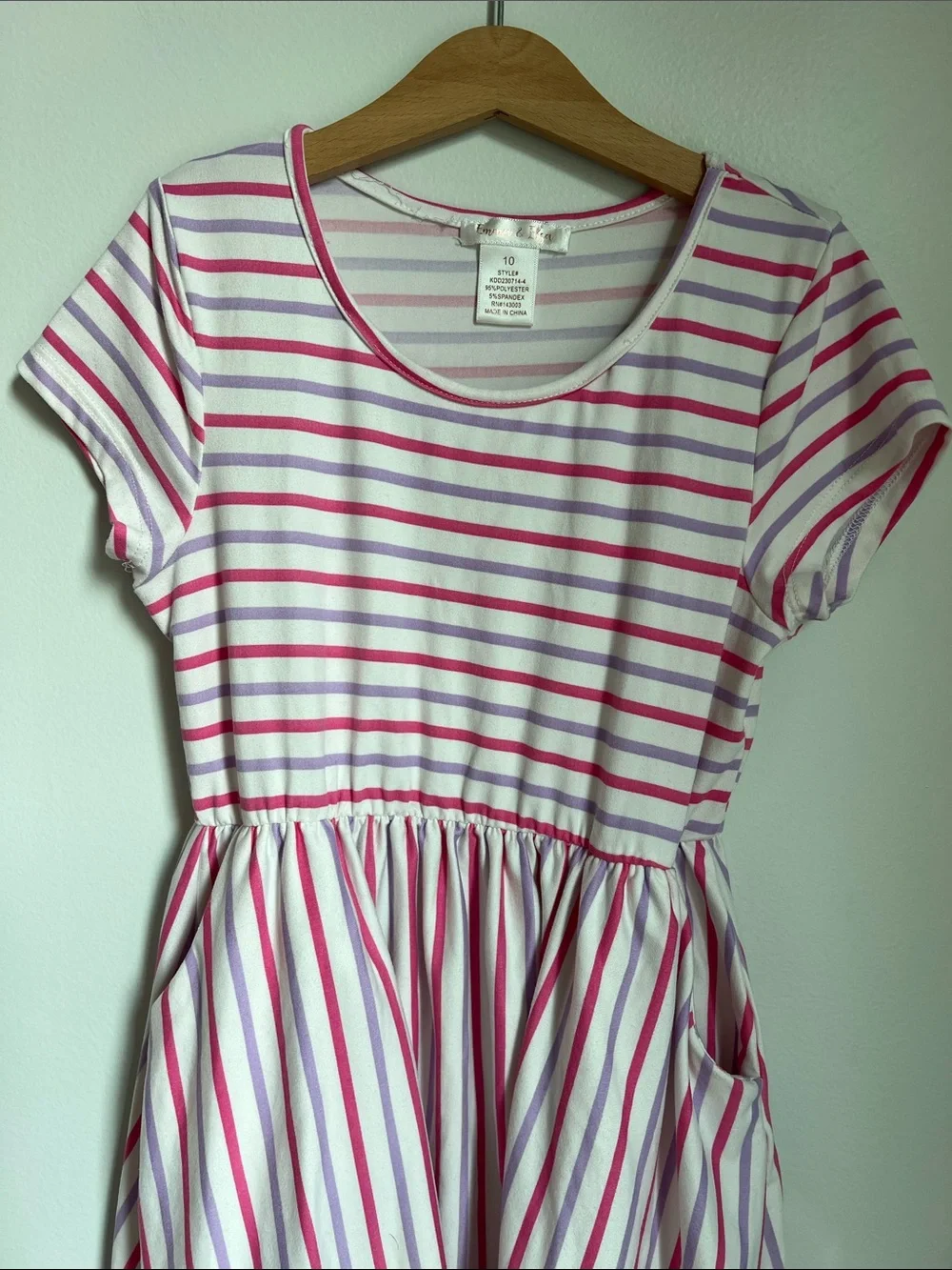 Emma & Elsa | Kids Striped Pink & Lavender Short Sleeve Knit Dress Pockets Sz 10